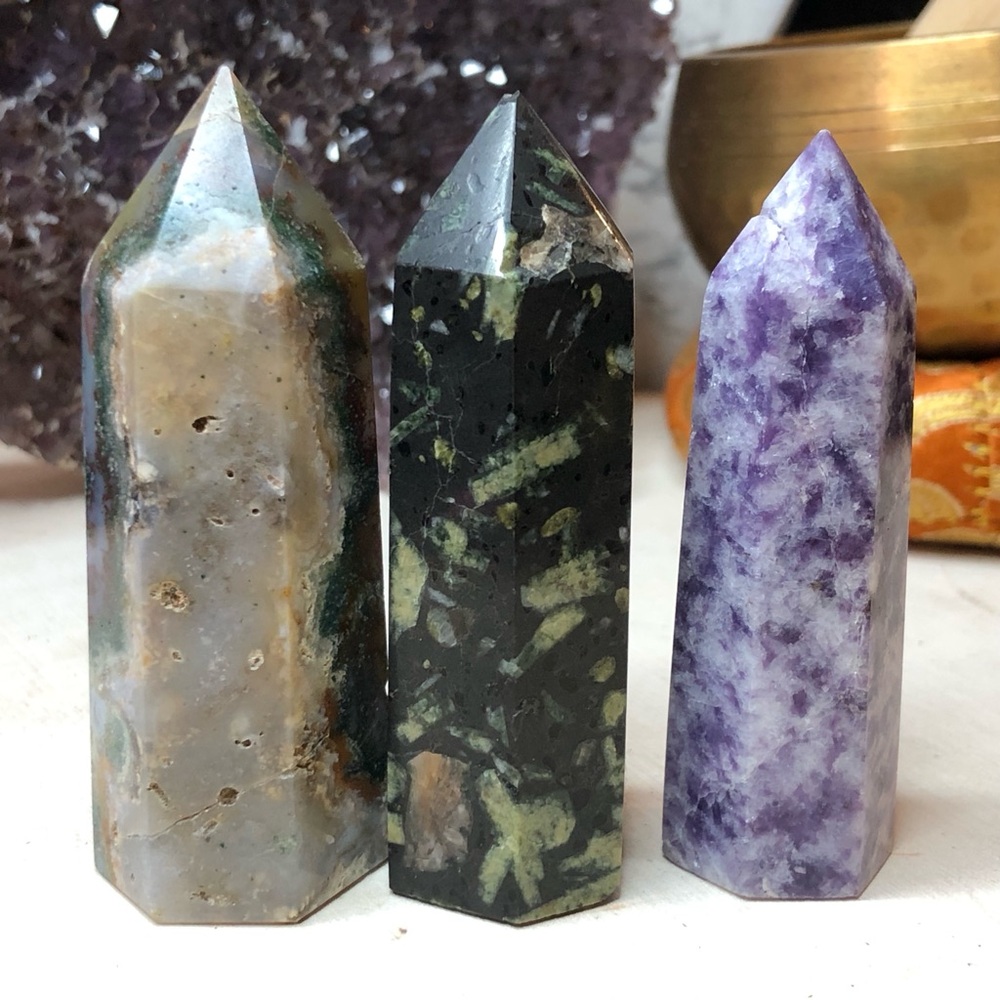 Ocean Jasper, Chrysanthemum Stone, Lepidolite Towers